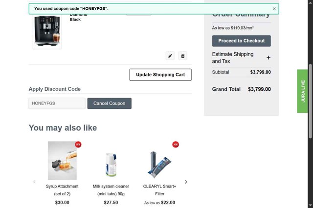 Jura checkout page showing Jura discount code box | Screenshot taken by SimplyCodes community member on Jul 16, 2025