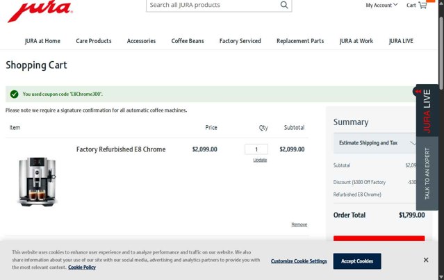 Jura checkout page showing Jura discount code box | Screenshot taken by SimplyCodes community member on Jun 10, 2025