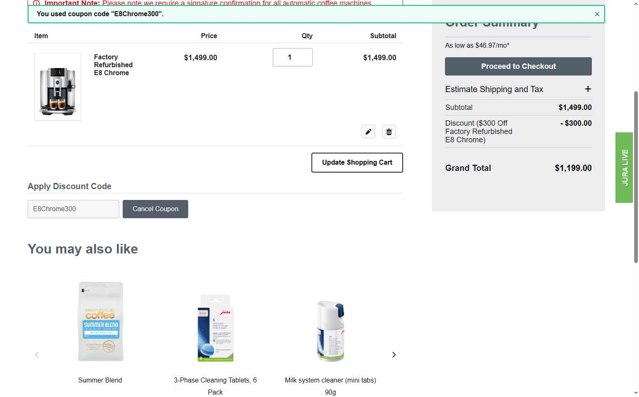 Jura checkout page showing Jura discount code box | Screenshot taken by SimplyCodes community member on Jul 8, 2025