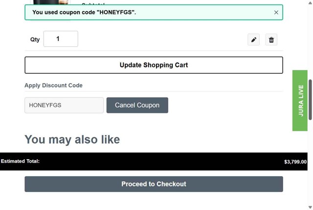 Jura checkout page showing Jura discount code box | Screenshot taken by SimplyCodes community member on Aug 14, 2025