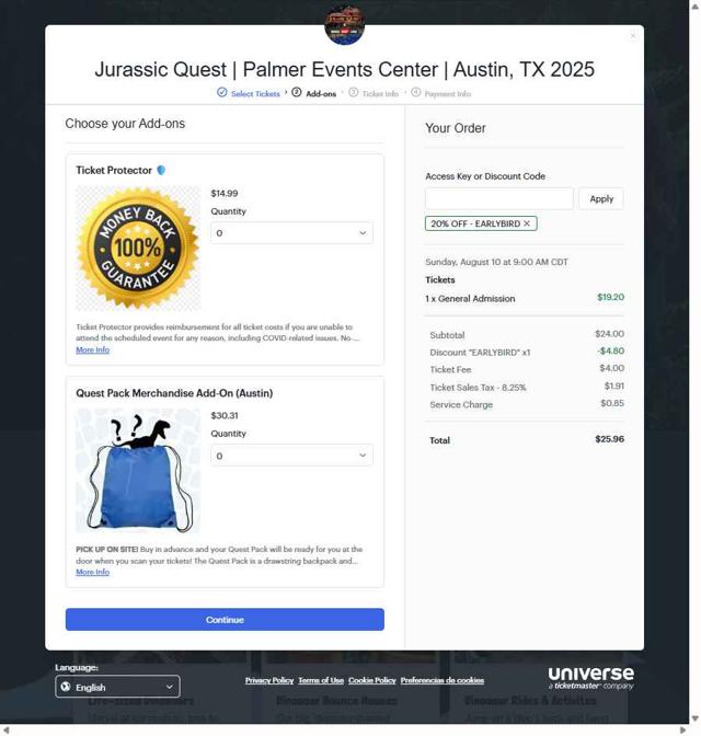 Jurassic Quest checkout page showing Jurassic Quest promo code box | Screenshot taken by SimplyCodes community member on Aug 1, 2025