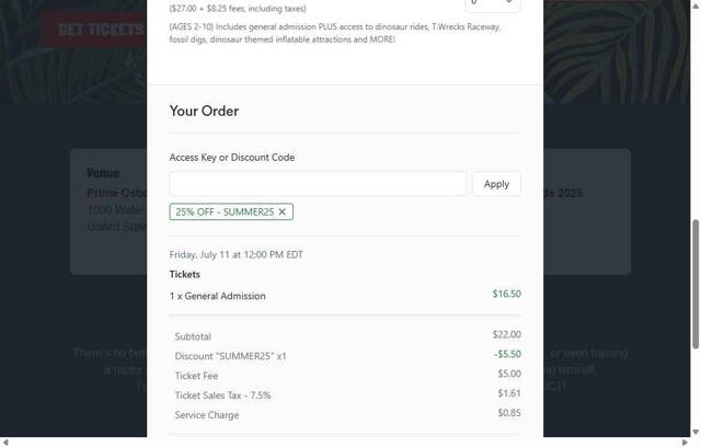Jurassic Quest checkout page showing Jurassic Quest promo code box | Screenshot taken by SimplyCodes community member on Jul 2, 2025
