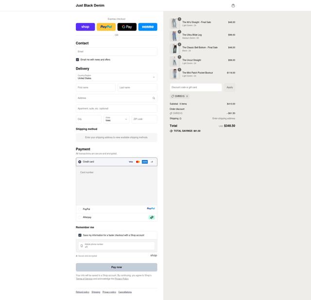 Just Black Denim checkout page showing Just Black Denim coupon code box | Screenshot taken by SimplyCodes community member on Sep 12, 2025