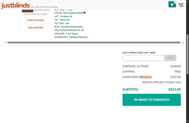 Justblinds checkout page showing Justblinds promo code box | Screenshot taken by SimplyCodes community member on Jul 26, 2025