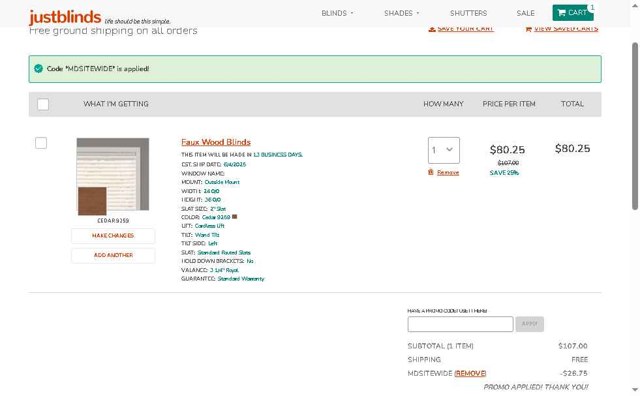 Justblinds checkout page showing Justblinds promo code box | Screenshot taken by SimplyCodes community member on May 15, 2025