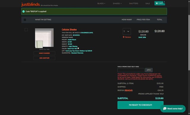 Justblinds checkout page showing Justblinds promo code box | Screenshot taken by SimplyCodes community member on Aug 3, 2025