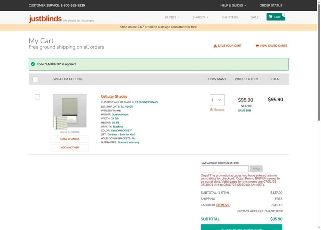 Justblinds checkout page showing Justblinds promo code box | Screenshot taken by SimplyCodes community member on Aug 29, 2025