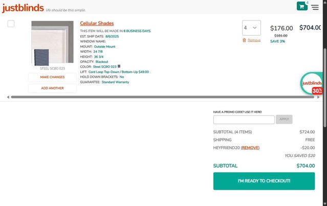 Justblinds checkout page showing Justblinds promo code box | Screenshot taken by SimplyCodes community member on Jul 26, 2025
