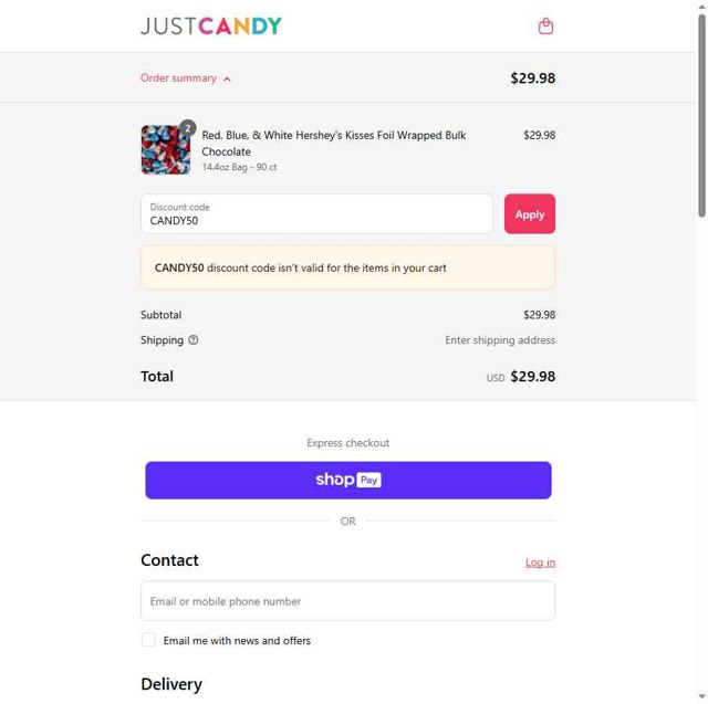 Just Candy checkout page showing Just Candy promo code box | Screenshot taken by SimplyCodes community member on May 30, 2025