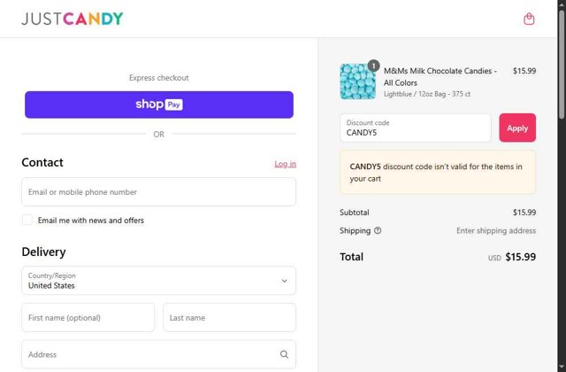 Just Candy checkout page showing Just Candy promo code box | Screenshot taken by SimplyCodes community member on Jun 2, 2025