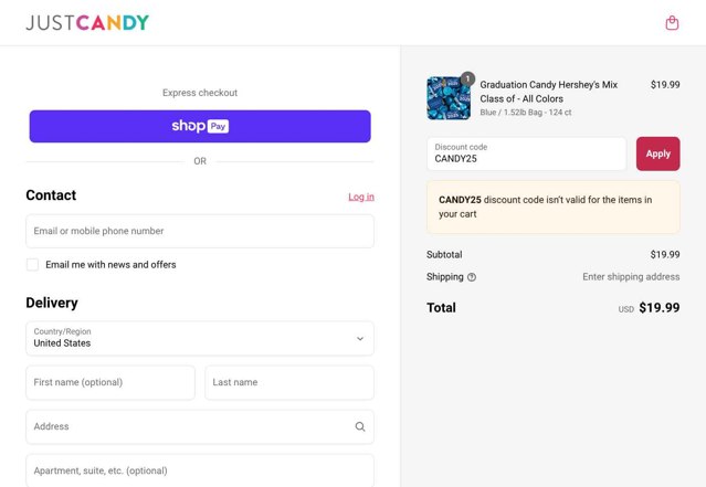 Just Candy checkout page showing Just Candy promo code box | Screenshot taken by SimplyCodes community member on May 30, 2025