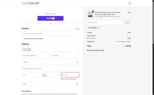Just Candy checkout page showing Just Candy promo code box | Screenshot taken by SimplyCodes community member on Jun 10, 2025