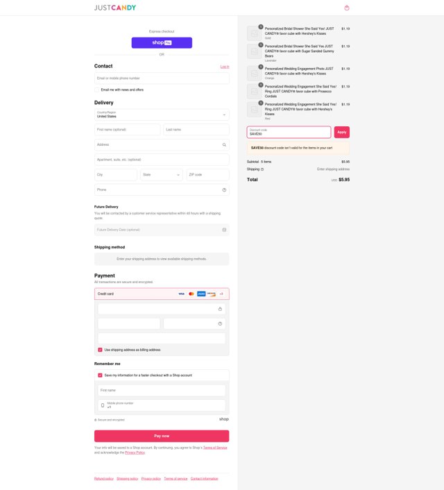 Just Candy checkout page showing Just Candy promo code box | Screenshot taken by SimplyCodes community member on Apr 6, 2025