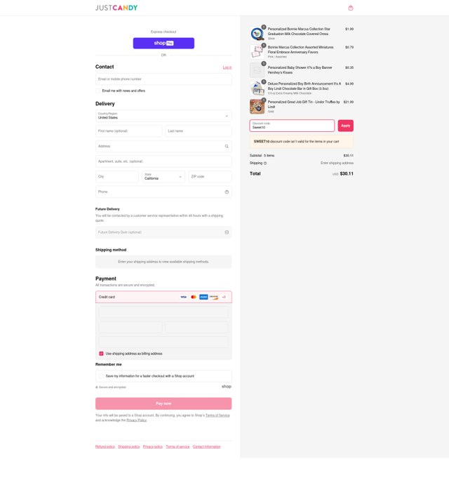 Just Candy checkout page showing Just Candy promo code box | Screenshot taken by SimplyCodes community member on Jun 22, 2025