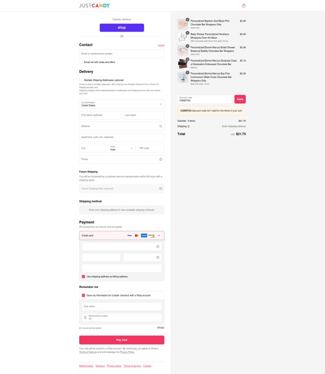 Just Candy checkout page showing Just Candy promo code box | Screenshot taken by SimplyCodes community member on Aug 30, 2025