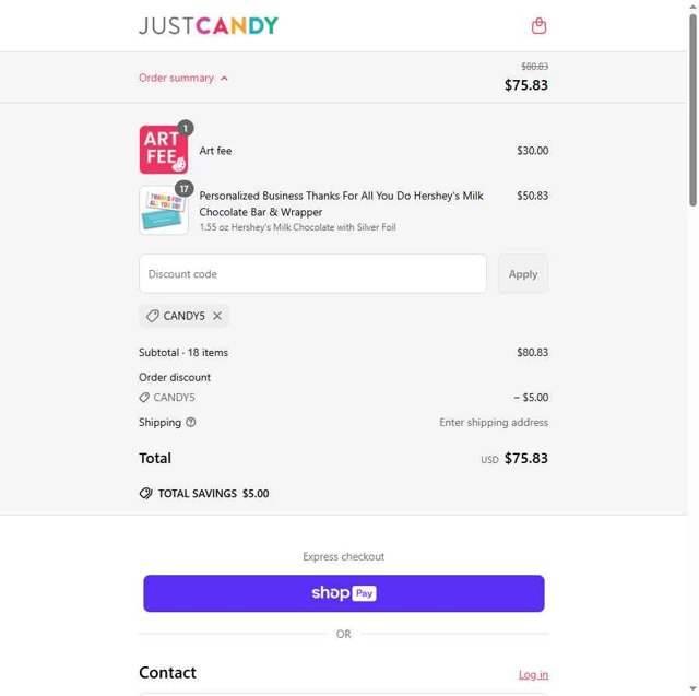 Just Candy checkout page showing Just Candy promo code box | Screenshot taken by SimplyCodes community member on May 30, 2025