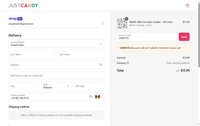 Just Candy checkout page showing Just Candy promo code box | Screenshot taken by SimplyCodes community member on May 30, 2025