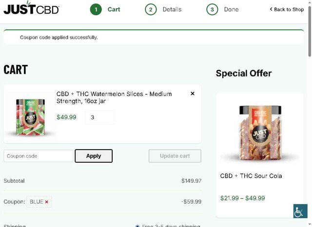Just CBD checkout page showing Just CBD coupon code box | Screenshot taken by SimplyCodes community member on Aug 27, 2025