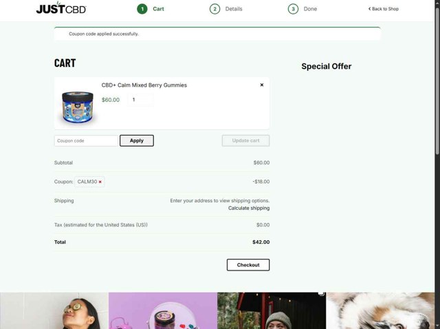 Just CBD checkout page showing Just CBD coupon code box | Screenshot taken by SimplyCodes community member on Aug 26, 2025
