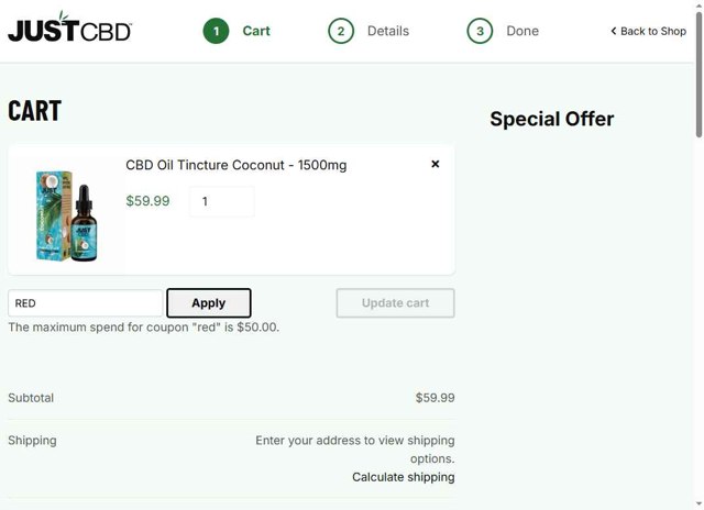 Just CBD checkout page showing Just CBD coupon code box | Screenshot taken by SimplyCodes community member on Sep 2, 2025