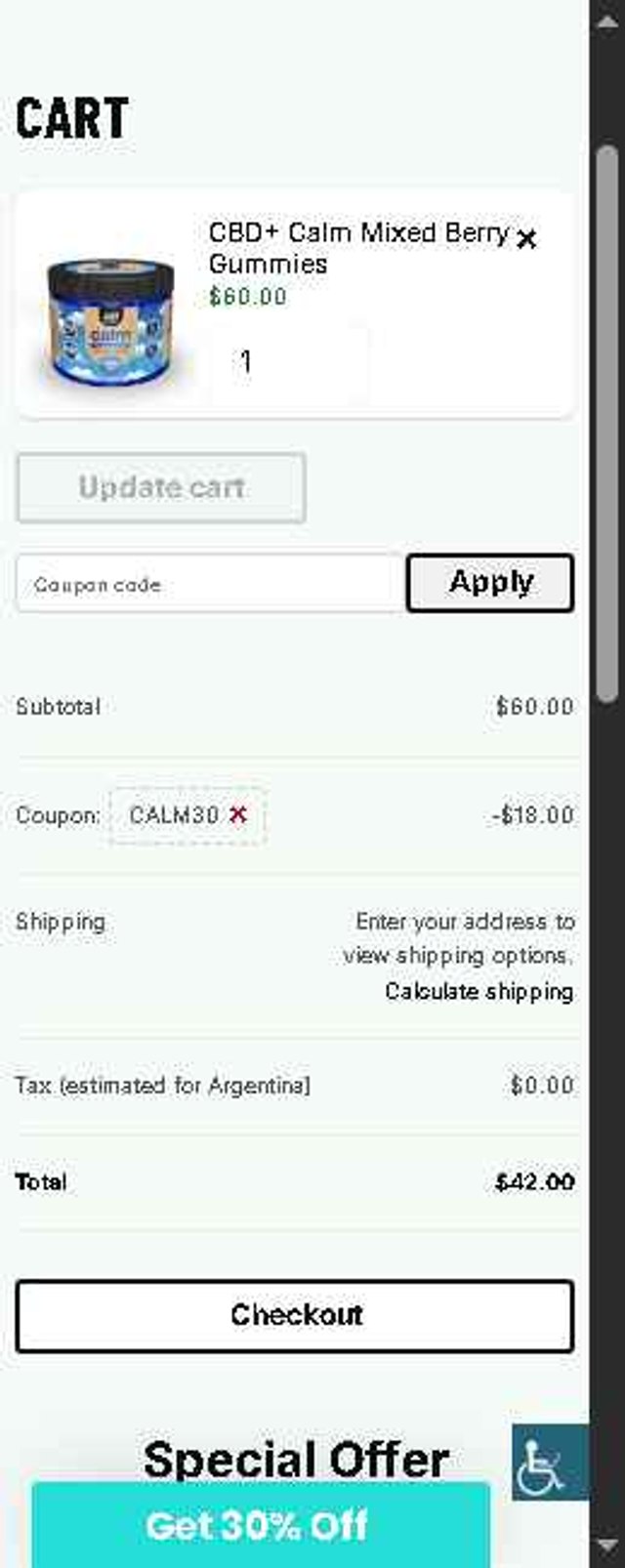 Just CBD checkout page showing Just CBD coupon code box | Screenshot taken by SimplyCodes community member on Aug 15, 2025