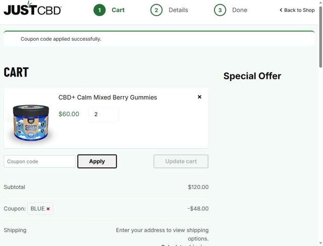 Just CBD checkout page showing Just CBD coupon code box | Screenshot taken by SimplyCodes community member on Sep 2, 2025