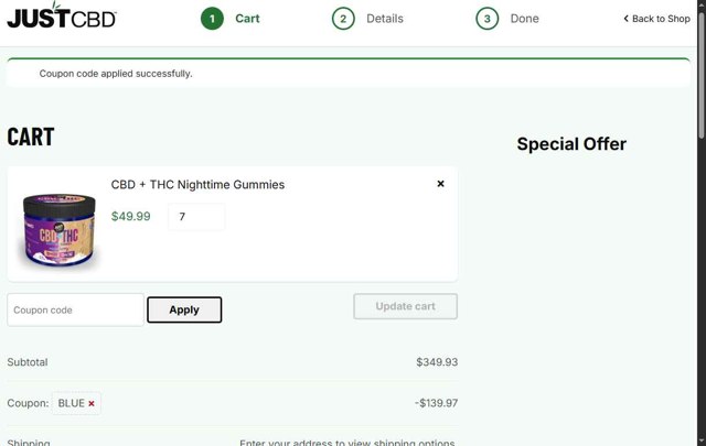 JustCBD checkout page showing JustCBD coupon code box | Screenshot taken by SimplyCodes community member on Aug 31, 2025