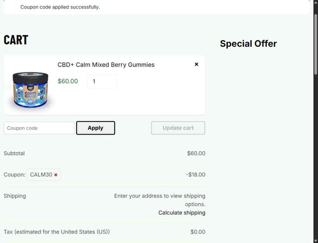 JustCBD checkout page showing JustCBD coupon code box | Screenshot taken by SimplyCodes community member on Jul 31, 2025