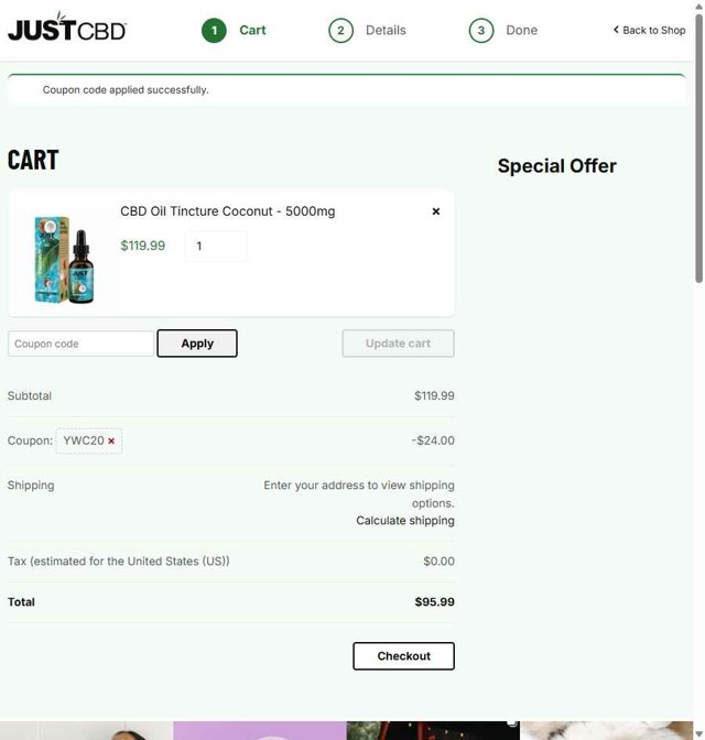 JustCBD checkout page showing JustCBD coupon code box | Screenshot taken by SimplyCodes community member on Sep 1, 2025