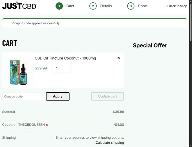 JustCBD checkout page showing JustCBD coupon code box | Screenshot taken by SimplyCodes community member on Aug 22, 2025