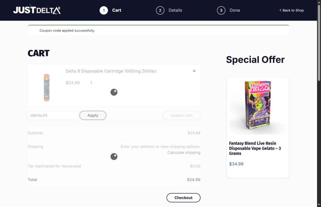 Just Delta checkout page showing Just Delta coupon code box | Screenshot taken by SimplyCodes community member on Aug 25, 2025