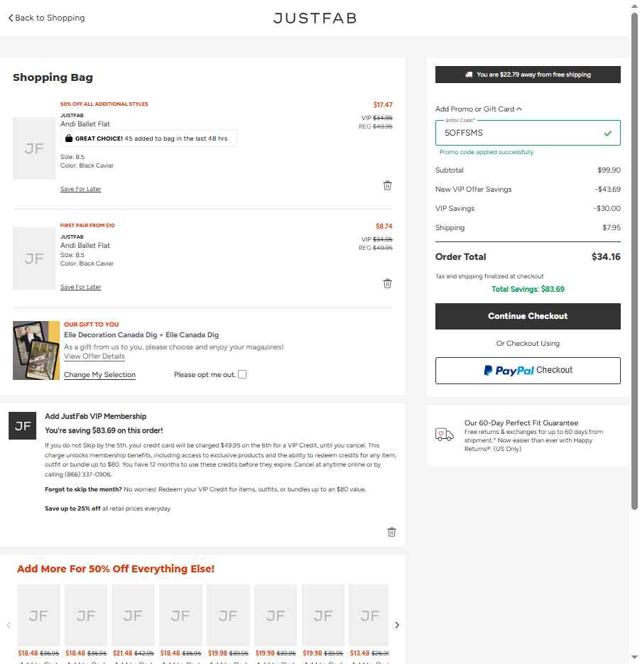 JustFab checkout page showing JustFab promo code box | Screenshot taken by SimplyCodes community member on Jul 10, 2025