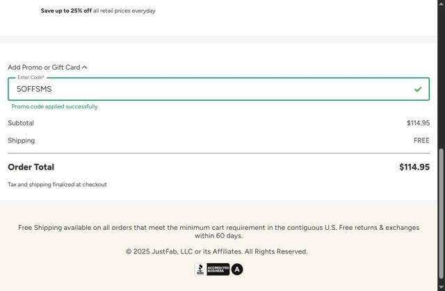 JustFab checkout page showing JustFab promo code box | Screenshot taken by SimplyCodes community member on Jul 23, 2025