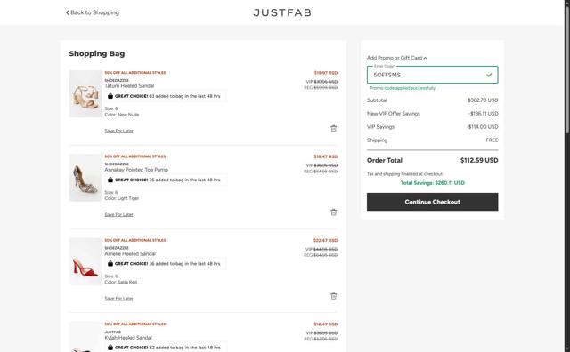 JustFab checkout page showing JustFab promo code box | Screenshot taken by SimplyCodes community member on Jun 26, 2025