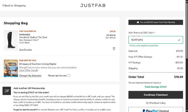 JustFab checkout page showing JustFab promo code box | Screenshot taken by SimplyCodes community member on Sep 4, 2025
