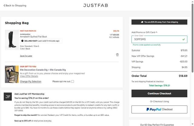 JustFab checkout page showing JustFab promo code box | Screenshot taken by SimplyCodes community member on Aug 17, 2025