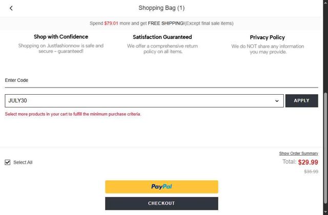 JustFashionNow checkout page showing JustFashionNow coupon code box | Screenshot taken by SimplyCodes community member on Sep 10, 2025