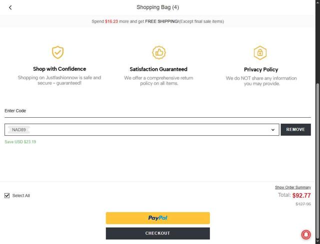 JustFashionNow checkout page showing JustFashionNow coupon code box | Screenshot taken by SimplyCodes community member on Sep 14, 2025