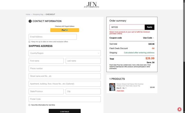JustFashionNow checkout page showing JustFashionNow coupon code box | Screenshot taken by SimplyCodes community member on Sep 13, 2025