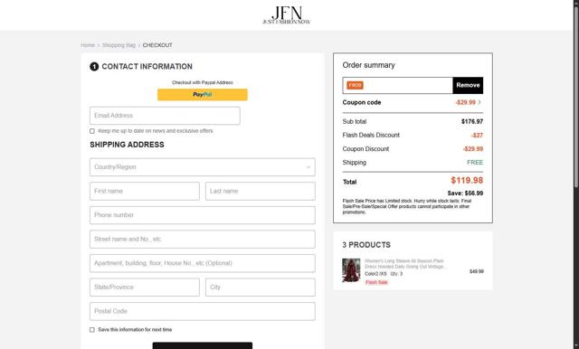 JustFashionNow checkout page showing JustFashionNow coupon code box | Screenshot taken by SimplyCodes community member on Sep 12, 2025