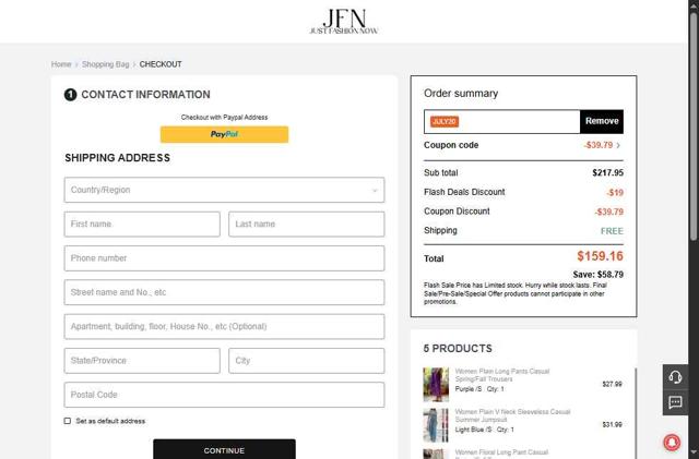JustFashionNow checkout page showing JustFashionNow coupon code box | Screenshot taken by SimplyCodes community member on Sep 10, 2025