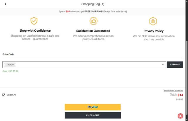 JustFashionNow checkout page showing JustFashionNow coupon code box | Screenshot taken by SimplyCodes community member on Sep 13, 2025