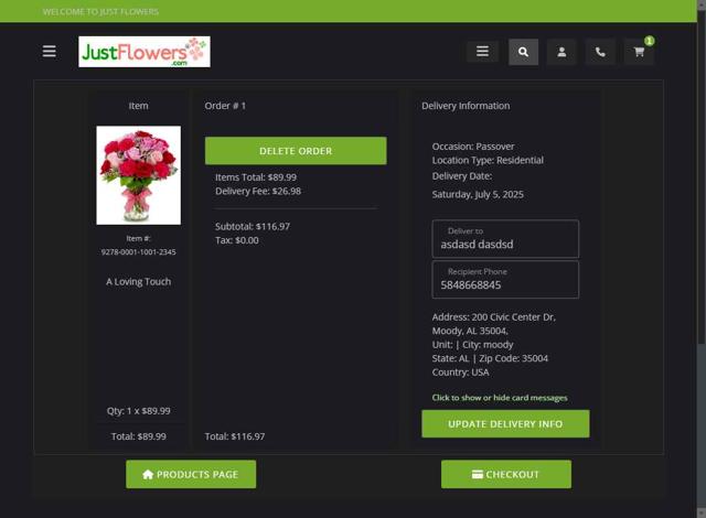 JustFlowers checkout page showing JustFlowers coupon code box | Screenshot taken by SimplyCodes community member on Jun 21, 2025