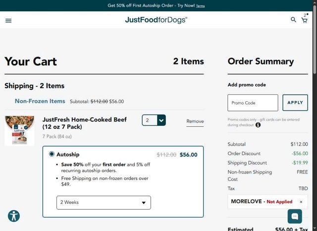 JustFoodForDogs checkout page showing JustFoodForDogs promo code box | Screenshot taken by SimplyCodes community member on Aug 10, 2025