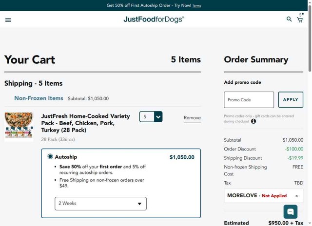 JustFoodForDogs checkout page showing JustFoodForDogs promo code box | Screenshot taken by SimplyCodes community member on Jul 12, 2025