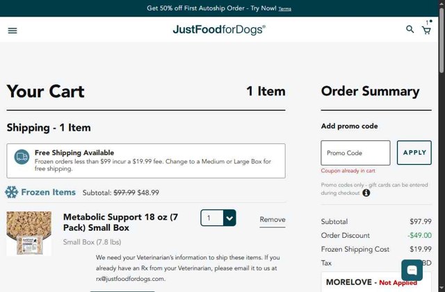 JustFoodForDogs checkout page showing JustFoodForDogs promo code box | Screenshot taken by SimplyCodes community member on Jul 12, 2025