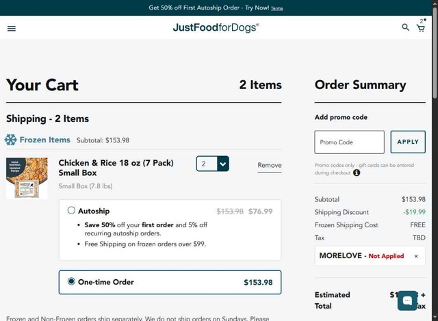 JustFoodForDogs checkout page showing JustFoodForDogs promo code box | Screenshot taken by SimplyCodes community member on Jul 12, 2025