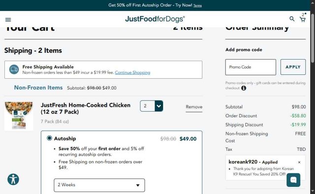 JustFoodForDogs checkout page showing JustFoodForDogs promo code box | Screenshot taken by SimplyCodes community member on Aug 29, 2025