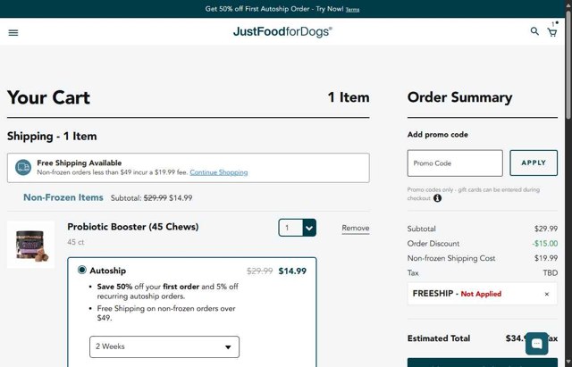 JustFoodForDogs checkout page showing JustFoodForDogs promo code box | Screenshot taken by SimplyCodes community member on Jul 20, 2025