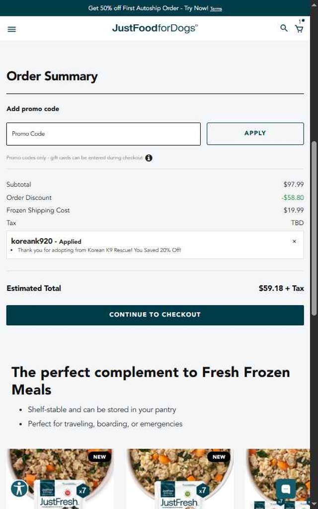 JustFoodForDogs checkout page showing JustFoodForDogs promo code box | Screenshot taken by SimplyCodes community member on Jul 31, 2025